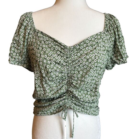 H&M Women's Sage Green Ditsy Floral Puff Sleeve Ruched Drawstring Top Size Large - Picture 2 of 16